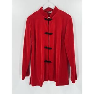 Vintage Clio Jacket Womens Large Red Black Velour Frog Closure Mandarin Collar